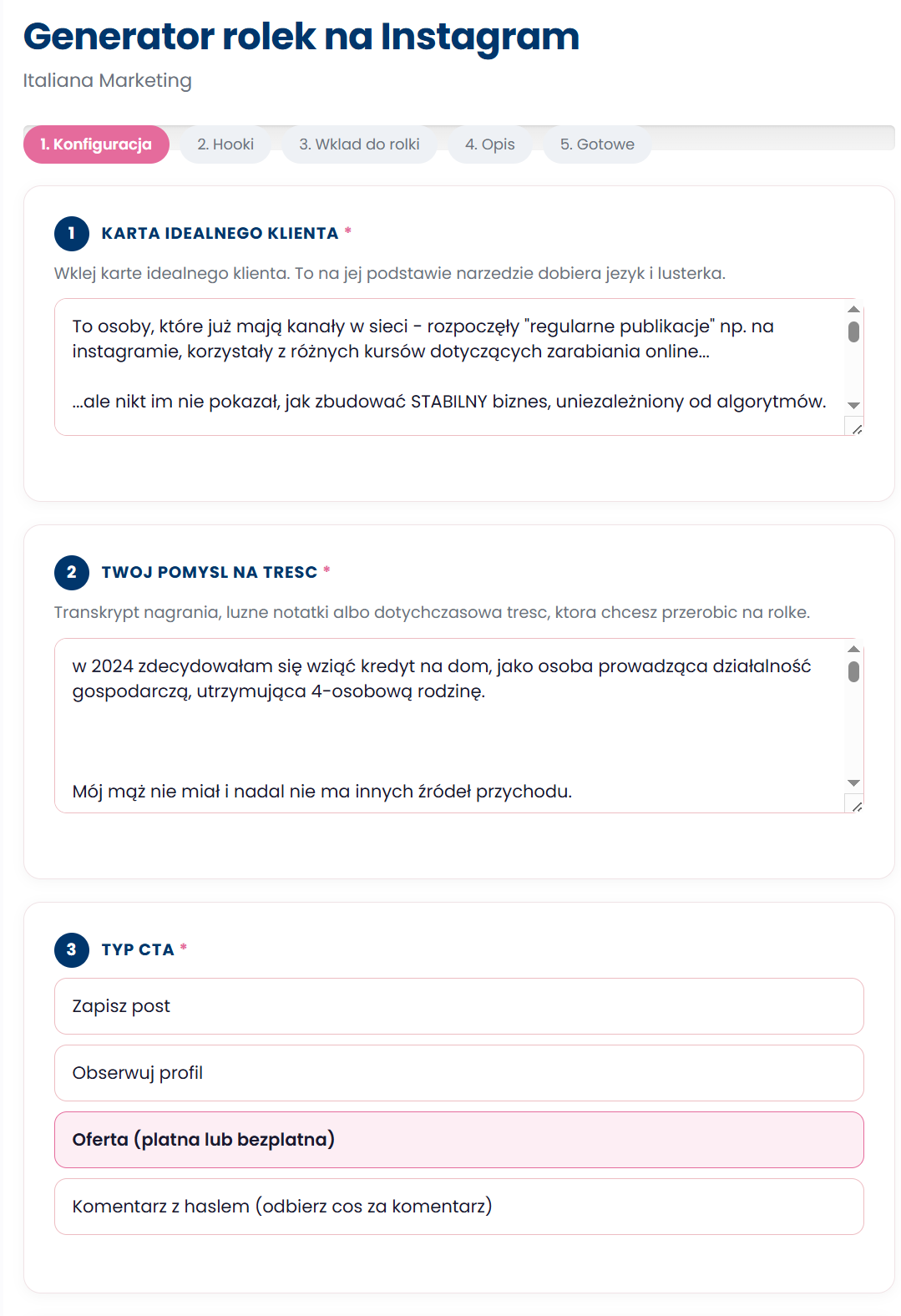 generator rolek instagram AI italiana marketing